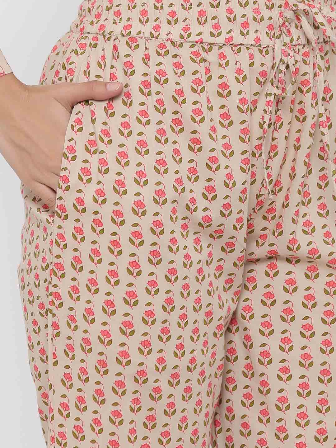 Beige Floral Print Straight Cotton Night Suit