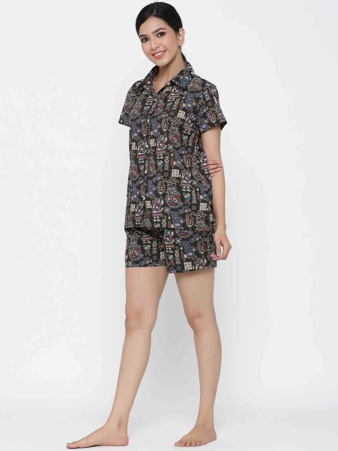 Black Quirky Print Straight Cotton Sleepwear