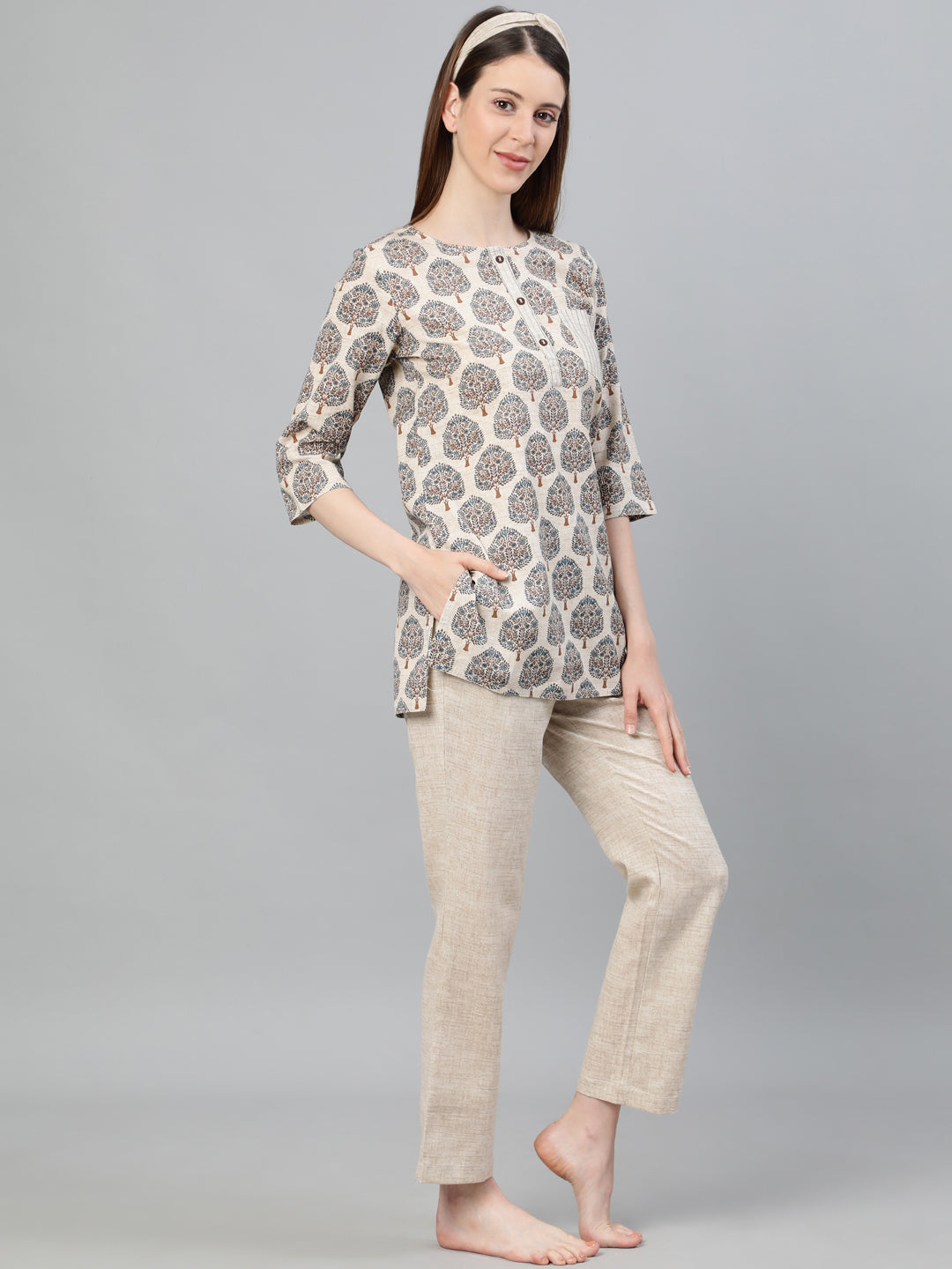 Blue Ethnic Print Cotton Flex Loungewear With Hairband