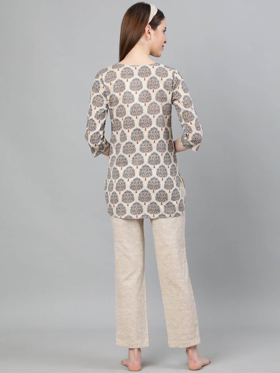 Blue Ethnic Print Cotton Flex Loungewear With Hairband