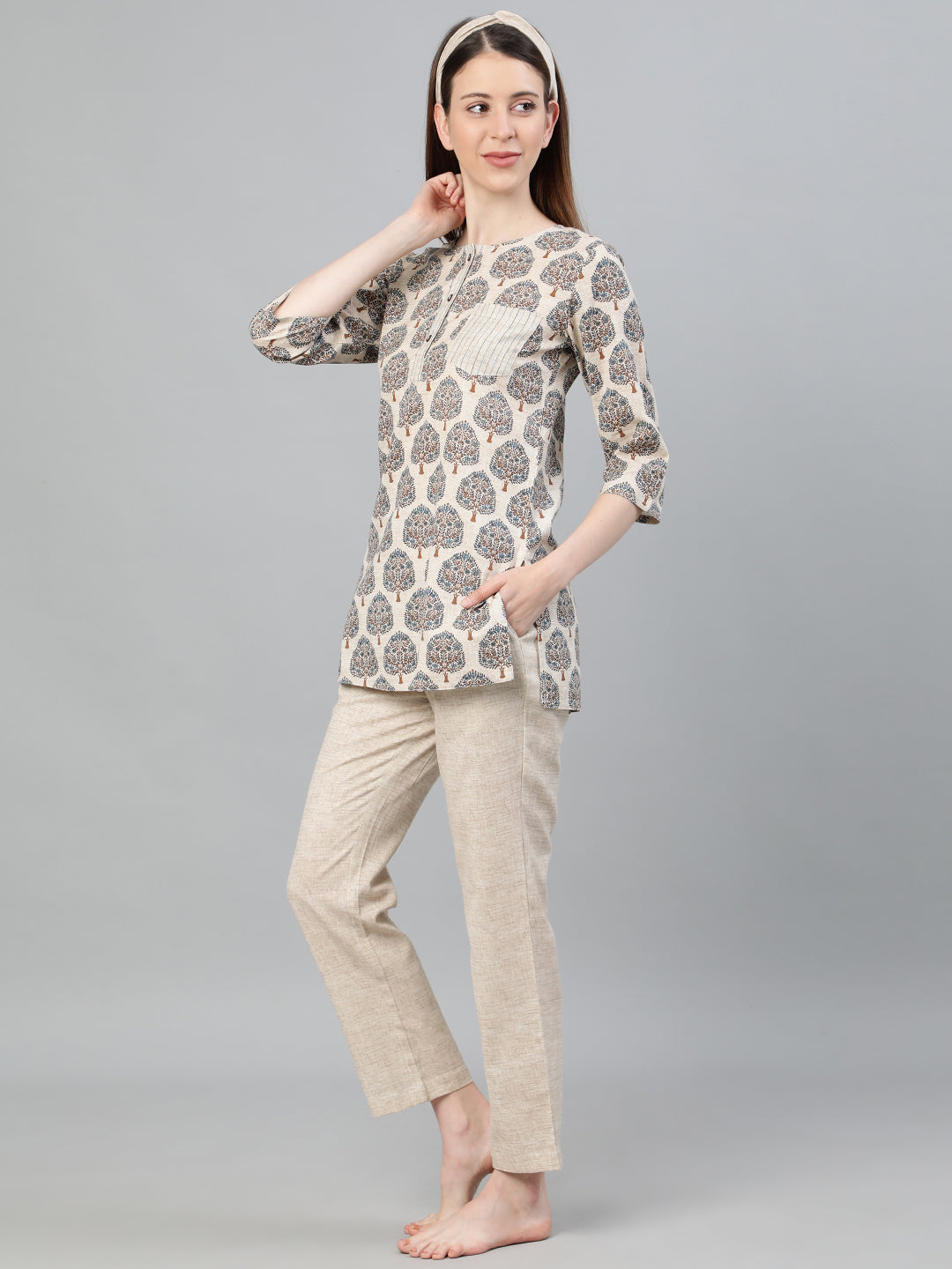 Blue Ethnic Print Cotton Flex Loungewear With Hairband