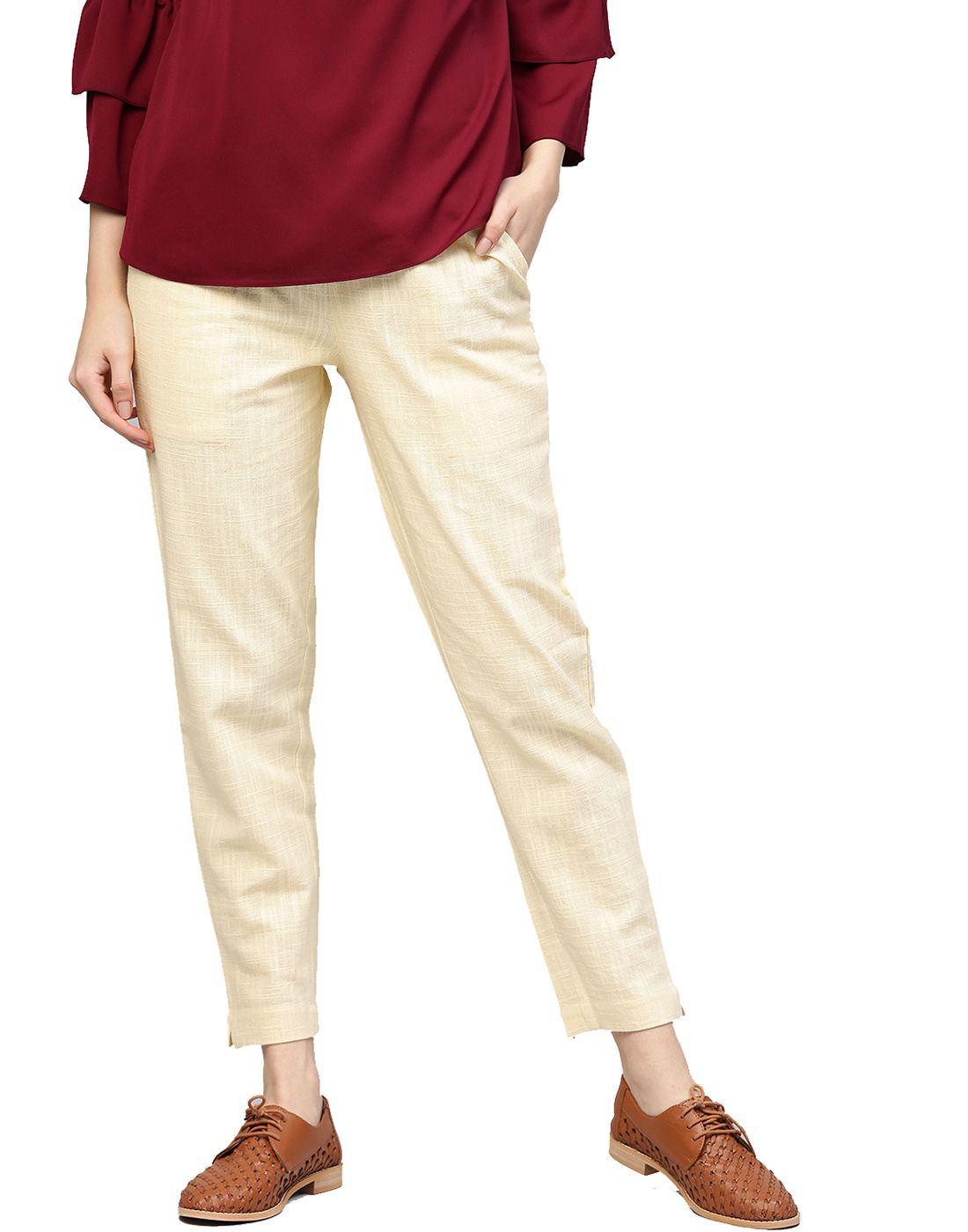 Buy Light Yellow Solid Cotton Slub Pants