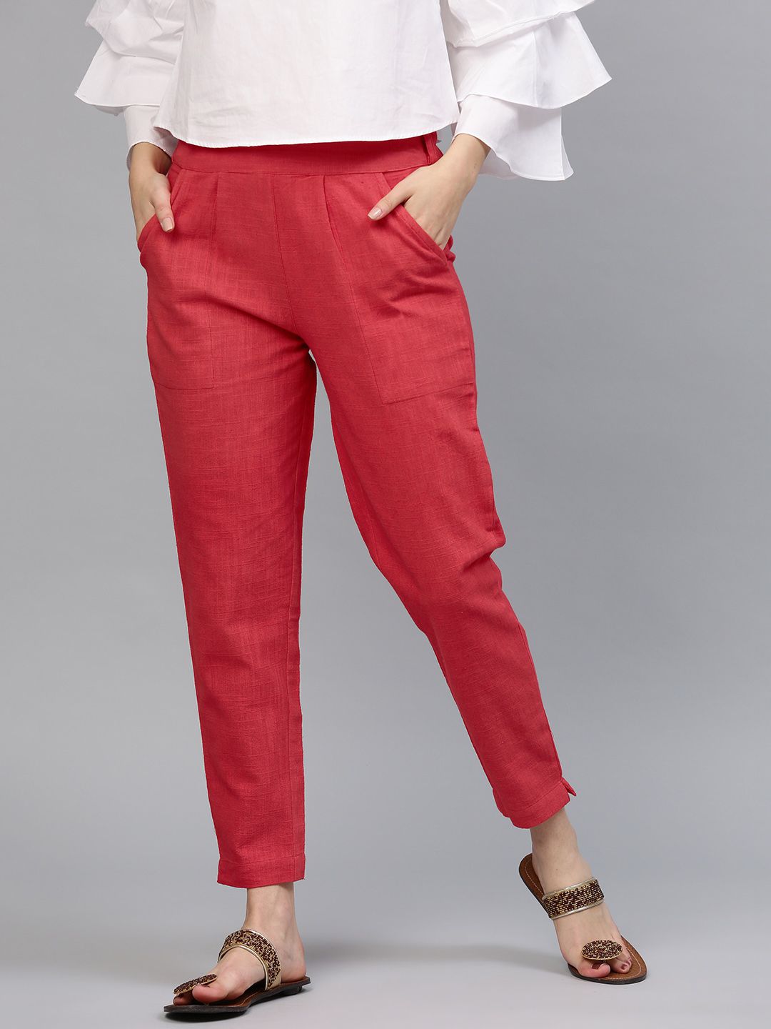 Shop Coral Solid Cotton Slub Pants