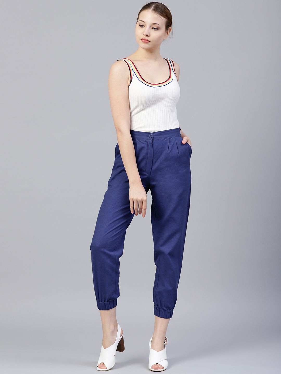 Royal Blue Solid Cotton Slub Trousers