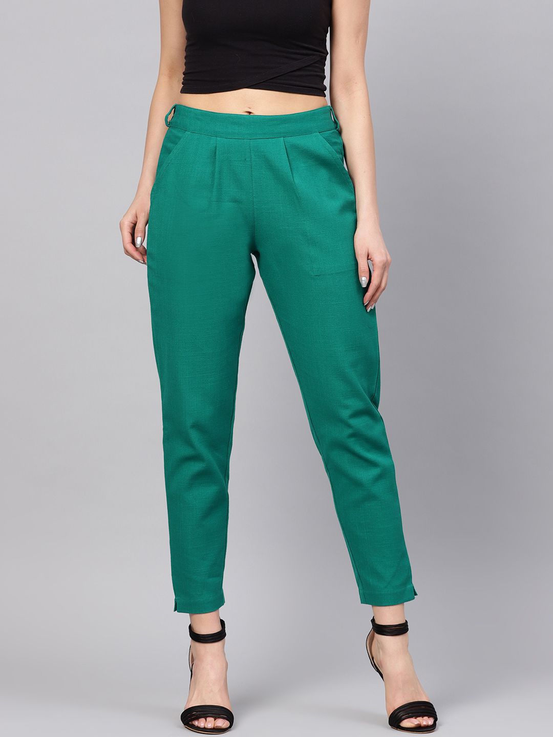 Shop Grass Green Solid Straight Cotton Slub Trouser