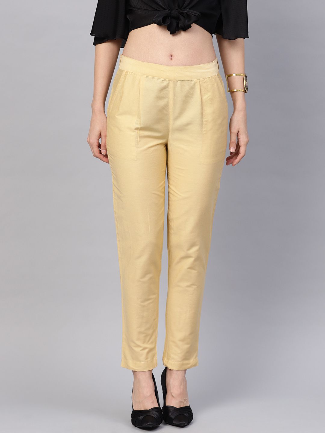 Beige Solid Chanderi Pants