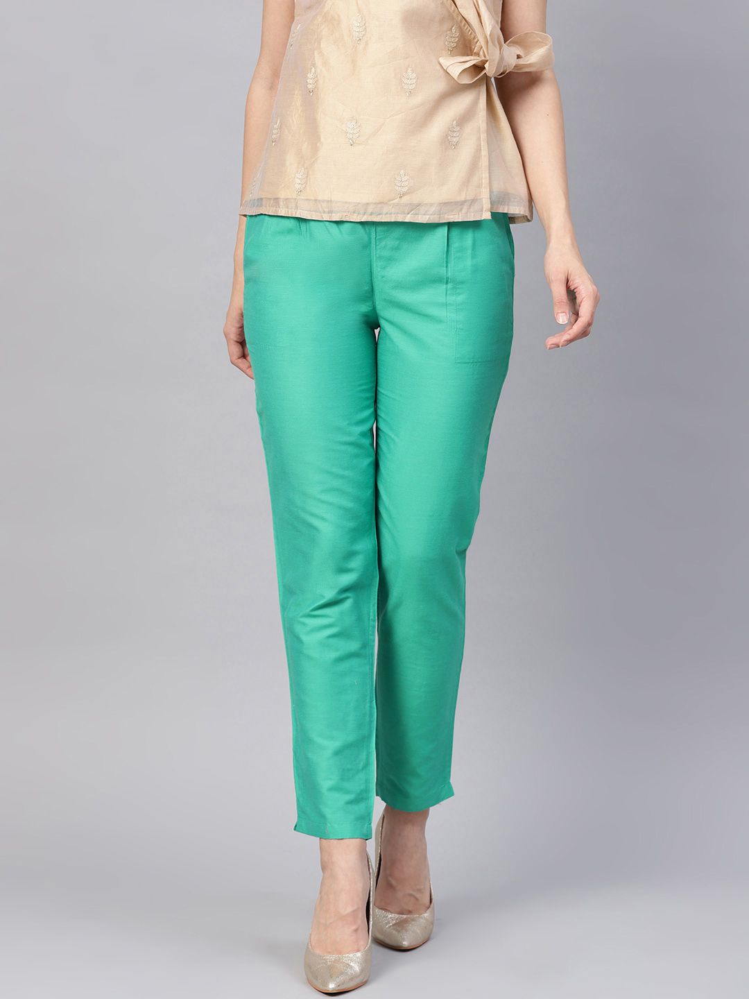 Sea Green Solid Chanderi Pants