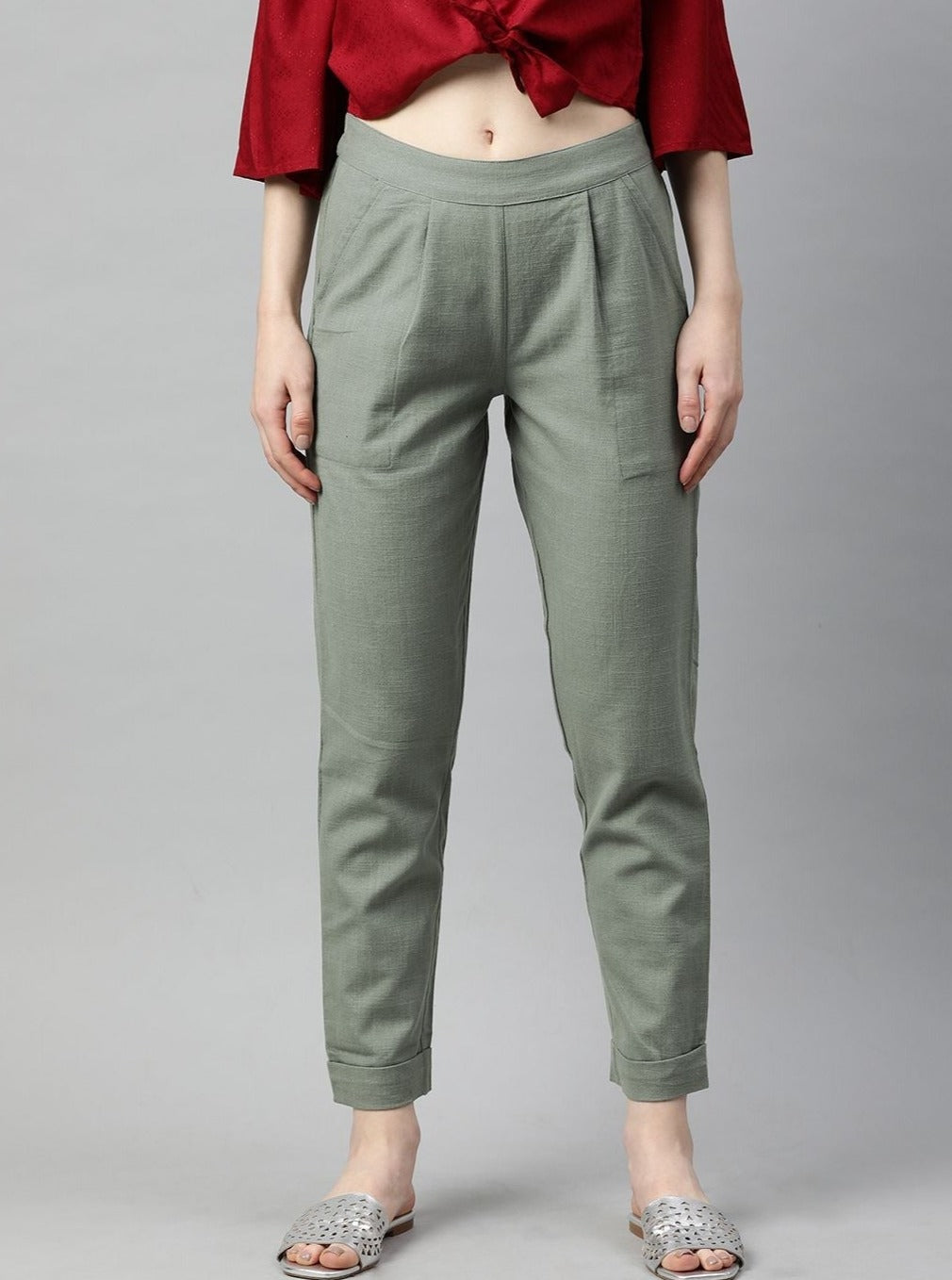 Shop Grey Solid Cotton Slub Pants
