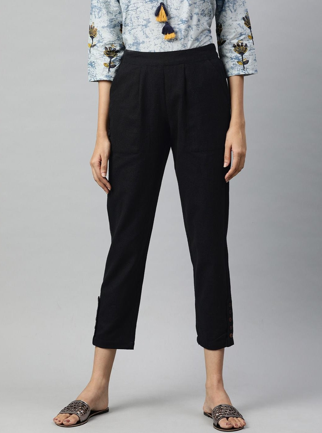 Shop Black Solid Cotton Slub Pant