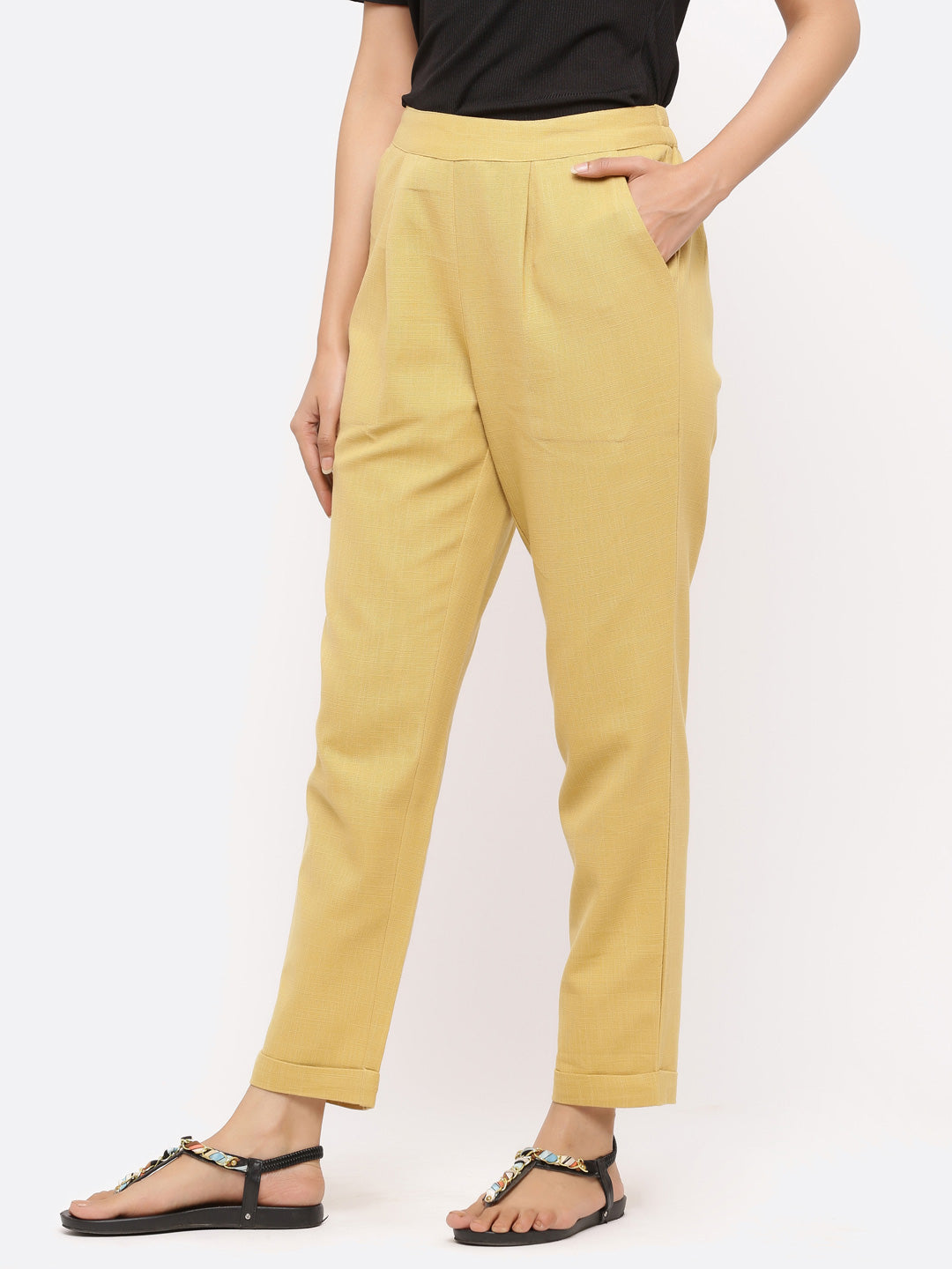 Shop Beige Solid Cotton Slub Pants