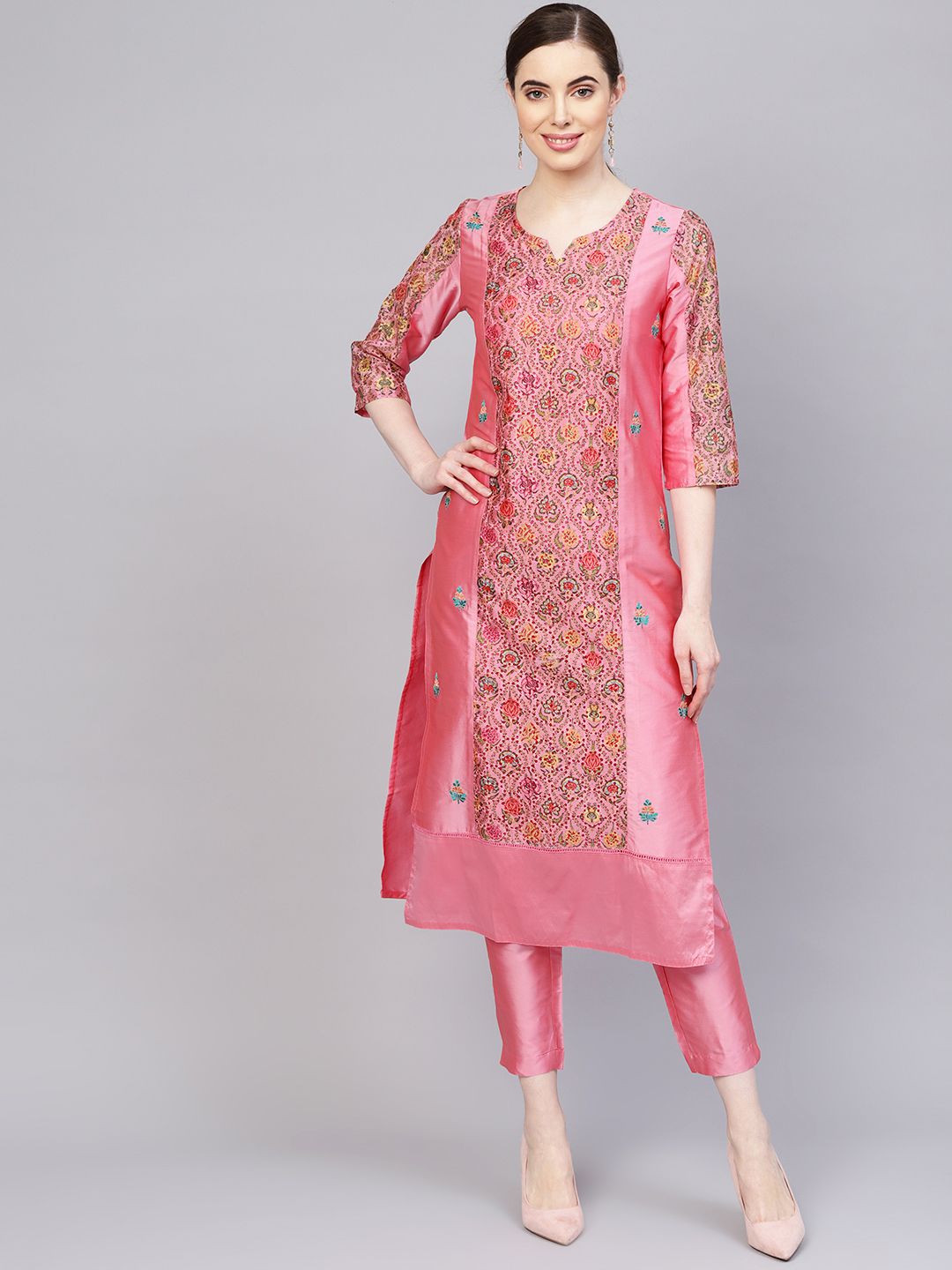Pink Embroidered Straight Chanderi Kurta With Pants