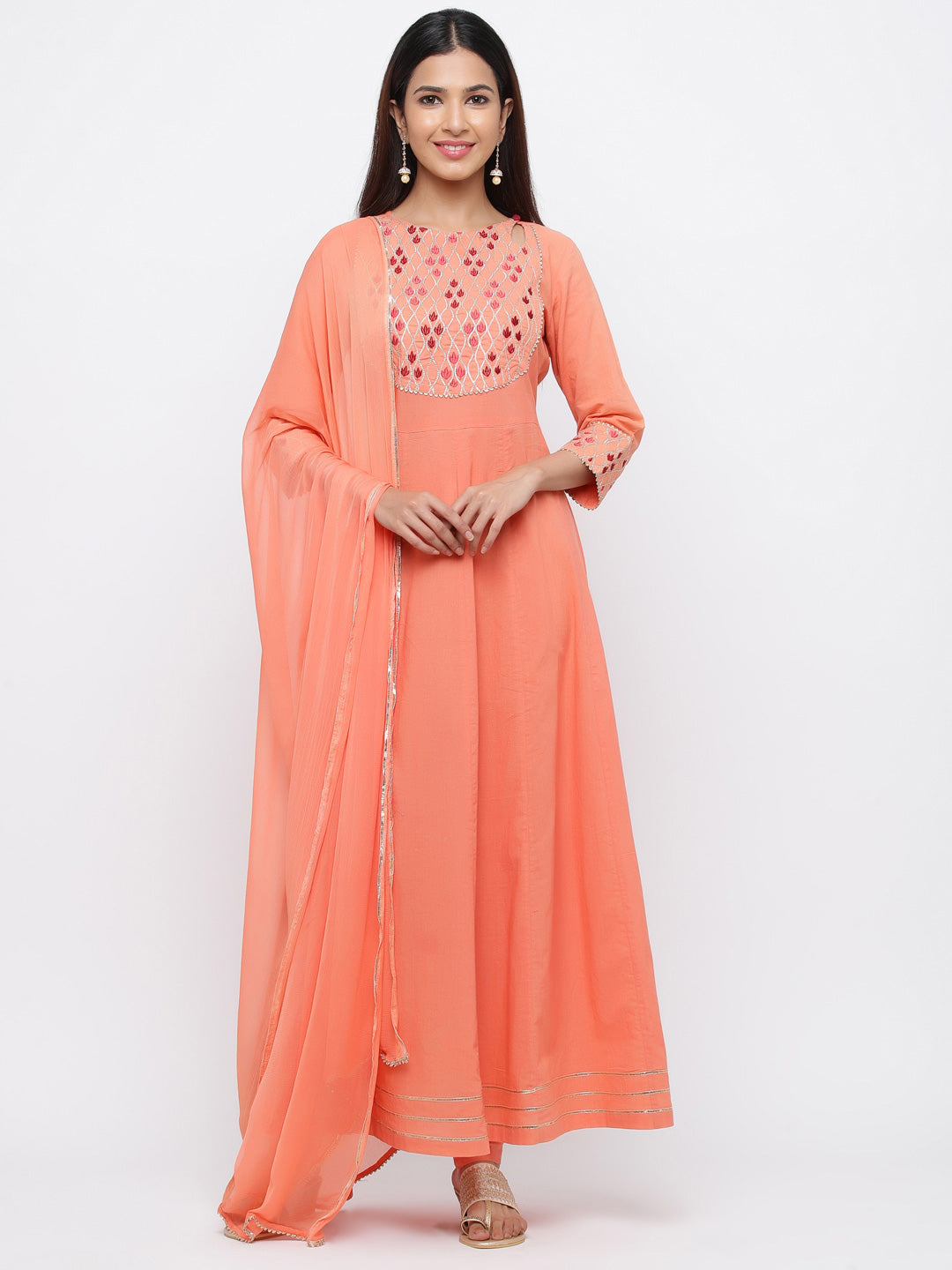 Peach Solid Anarkali Cotton Kurta With Churidar & Dupatta