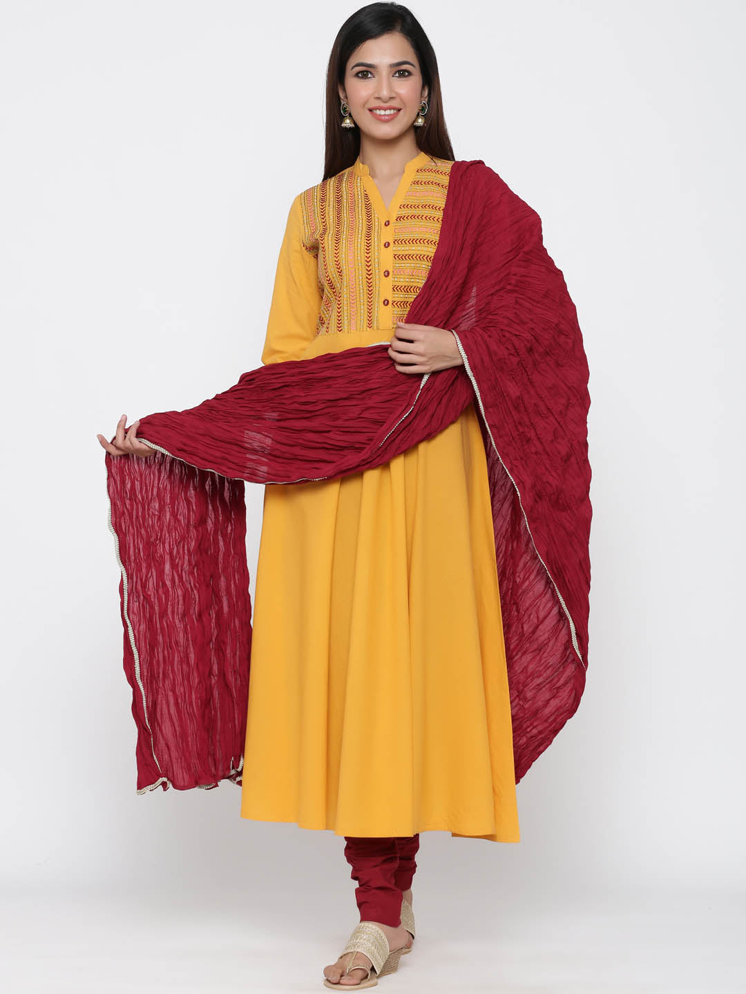 Mustard Yellow Solid Anarkali Kurta Cotton With Churidar Salwar And Dupatta