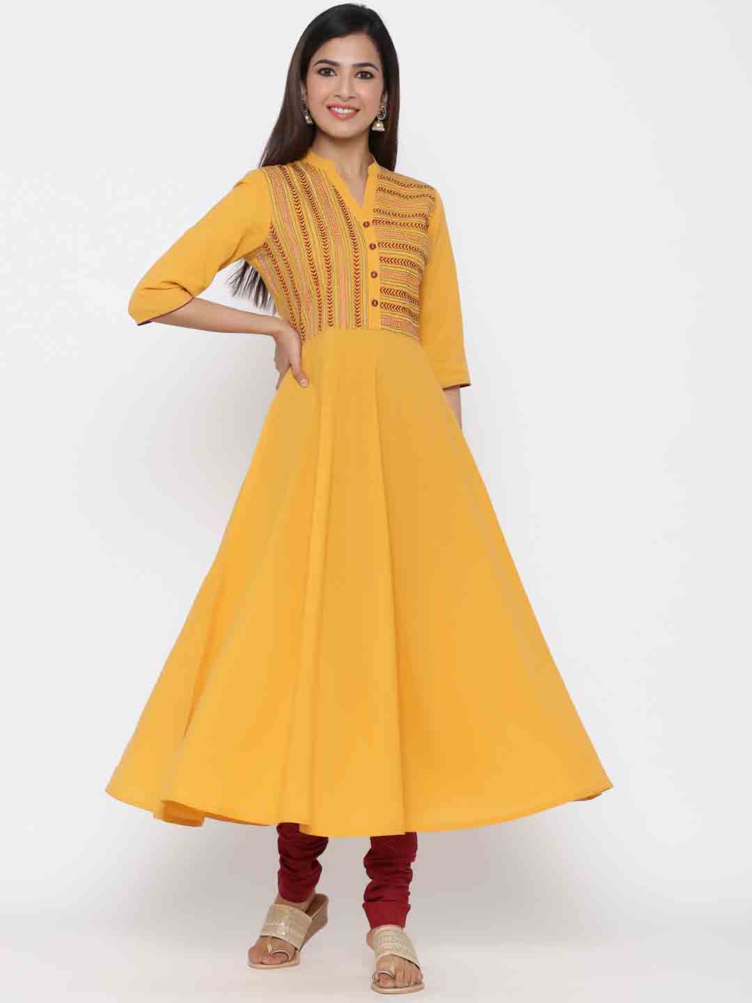Mustard Yellow Solid Anarkali Kurta Cotton With Churidar Salwar And Dupatta