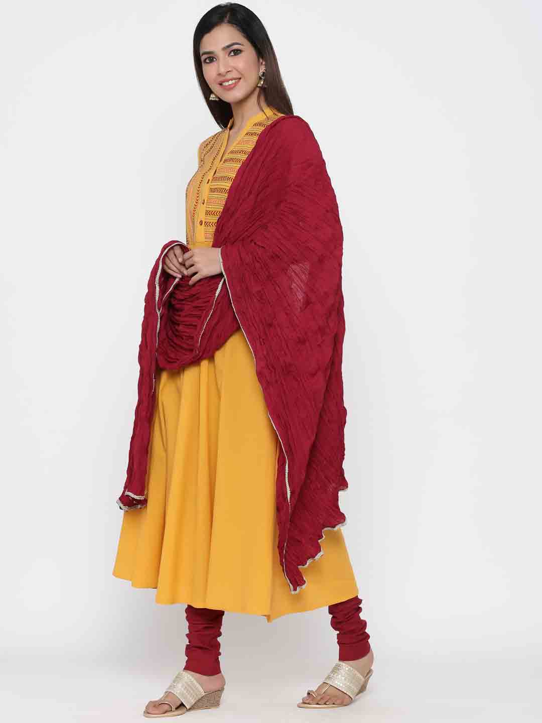 Mustard Yellow Solid Anarkali Kurta Cotton With Churidar Salwar And Dupatta
