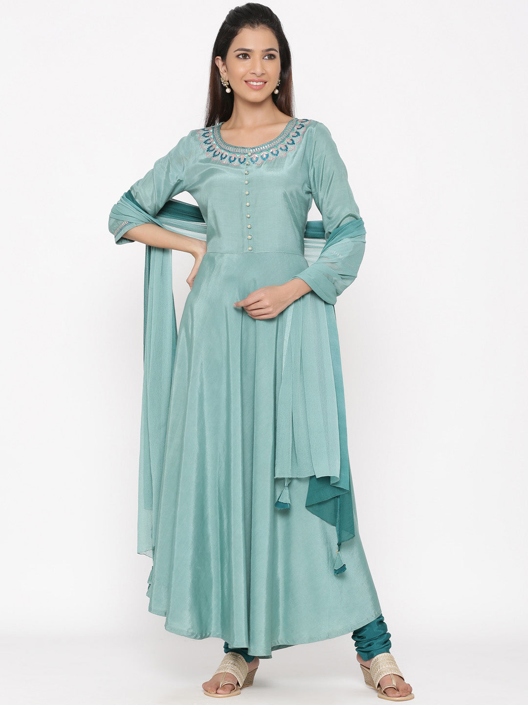 Sea Green Embroidered Silk Crepe Anarkali Kurta With Churidar Pent And Dupatta