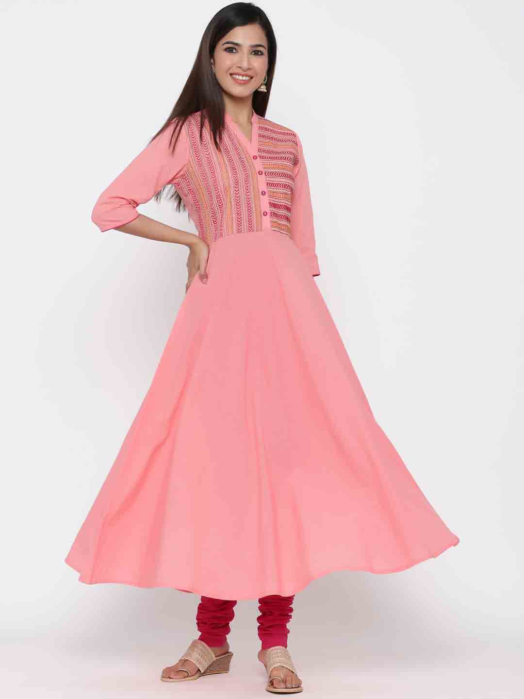 Peach Solid Anarkali Kurta Cotton With Churidar Salwar And Dupatta