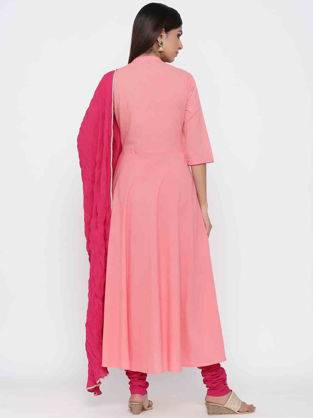 Peach Solid Anarkali Kurta Cotton With Churidar Salwar And Dupatta