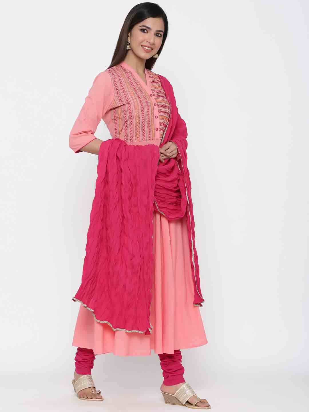 Peach Solid Anarkali Kurta Cotton With Churidar Salwar And Dupatta