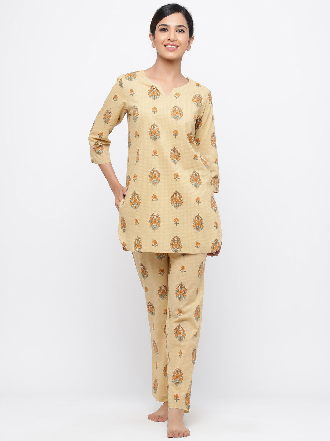 Beige Floral Print Straight Cotton Lounge Wear