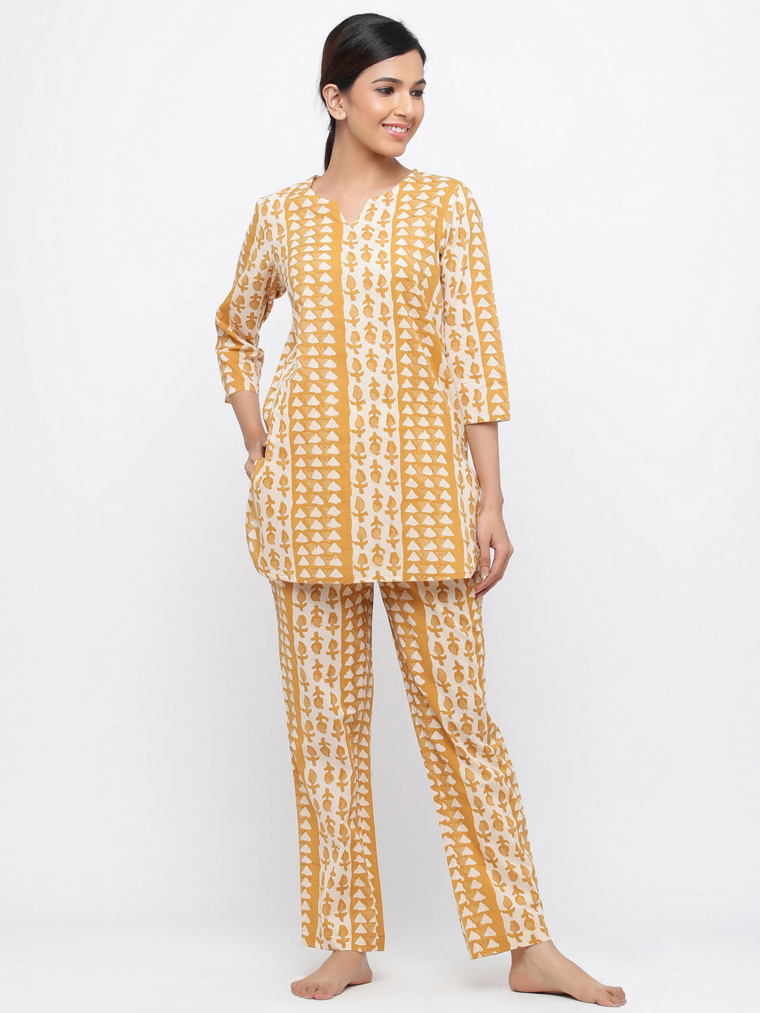 Mustard Ethnic Motif Straight Cotton Lounge Wear