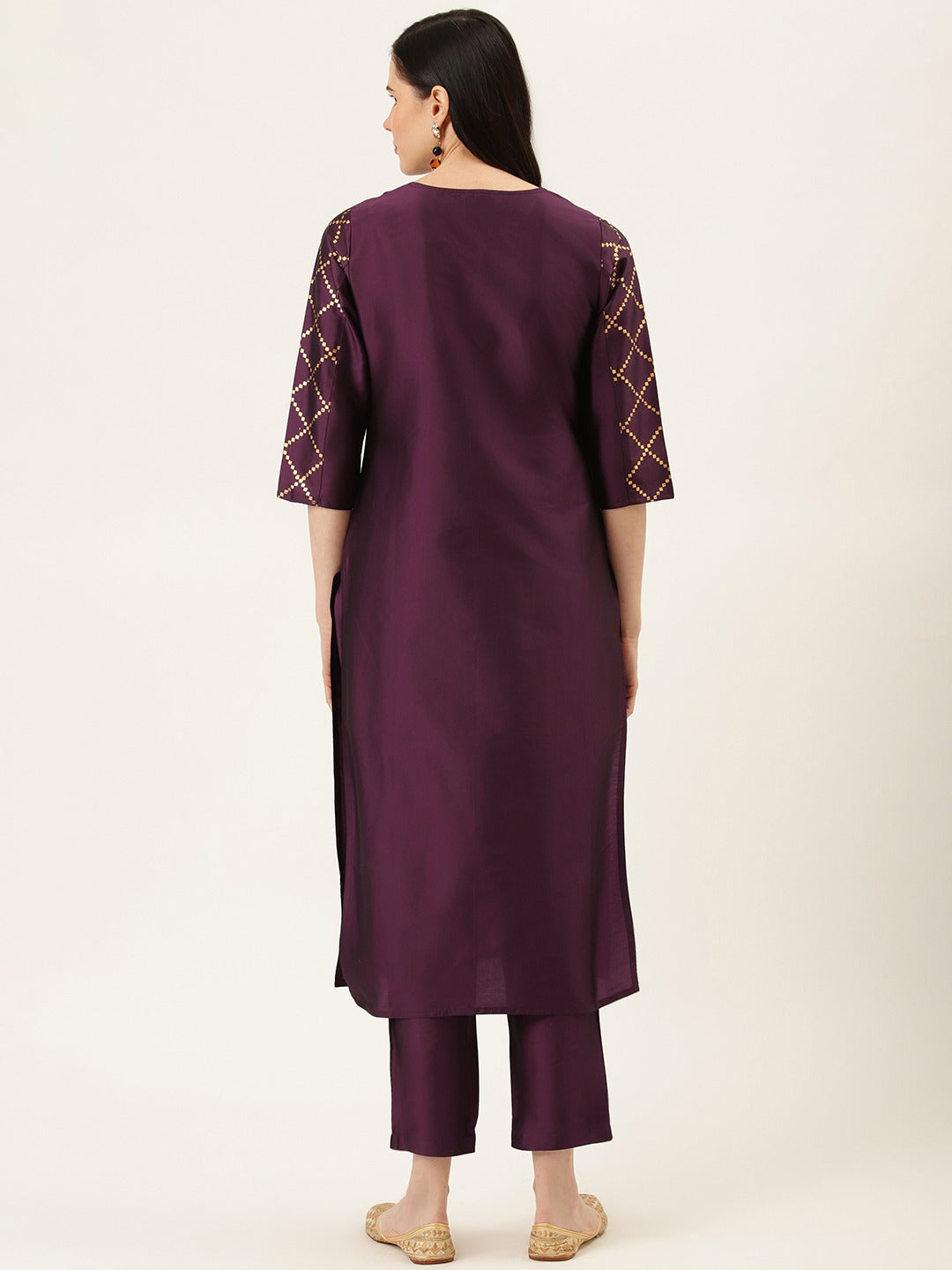 Purple & Gold Printed Silk Blend Kurta With Pants