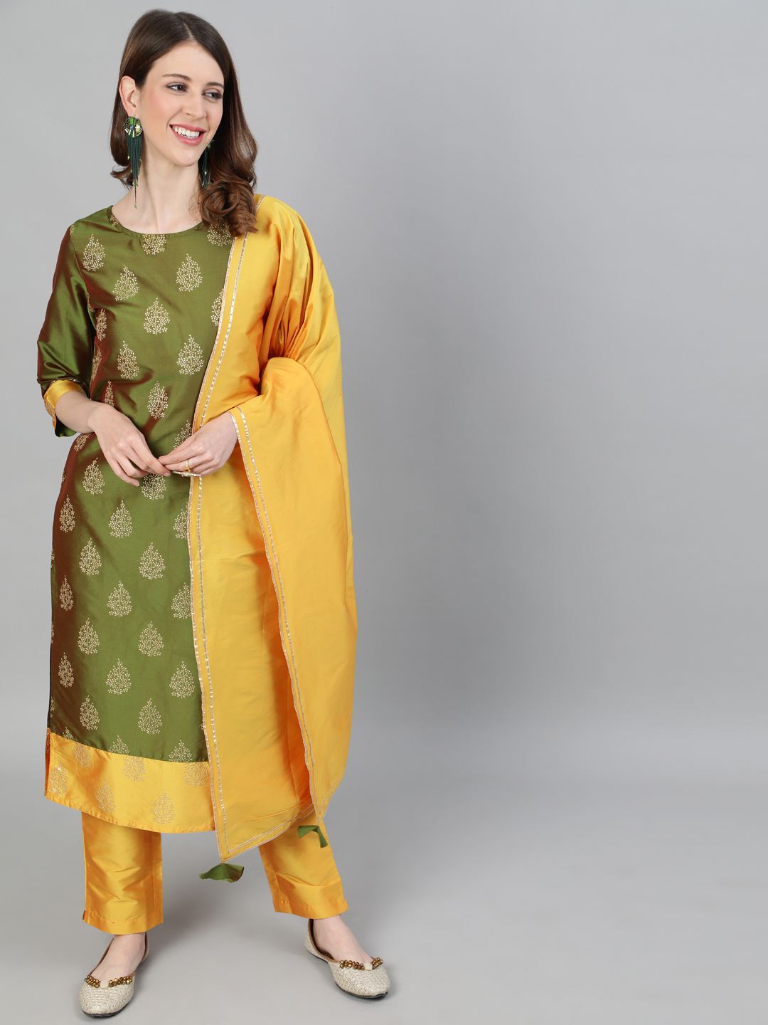 Olive Printed Straight Silk Blend Kurta With Pants And Dupatta
