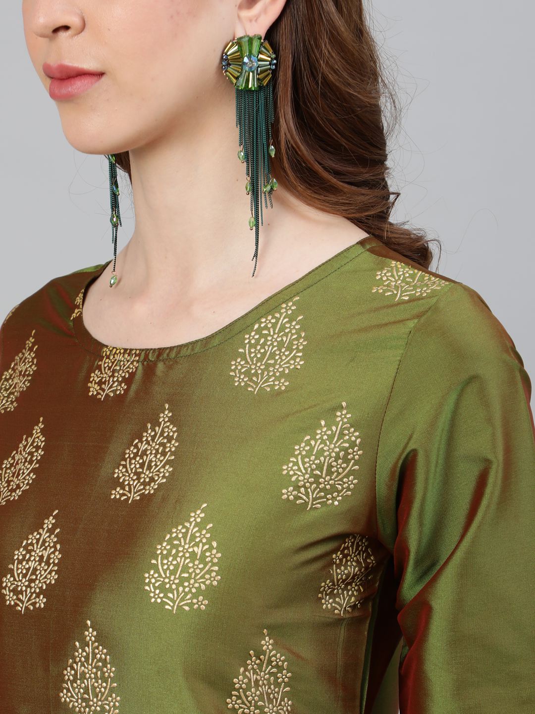 Olive Printed Straight Silk Blend Kurta With Pants And Dupatta