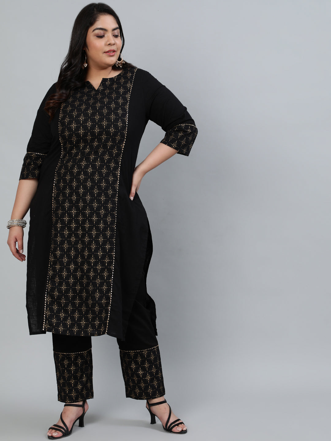Black & Gold Printed Straight Cotton Blend Kurta With Pants