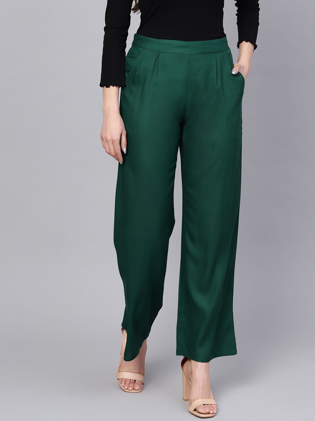 Bottle Green Solid Straight Rayon Palazzo