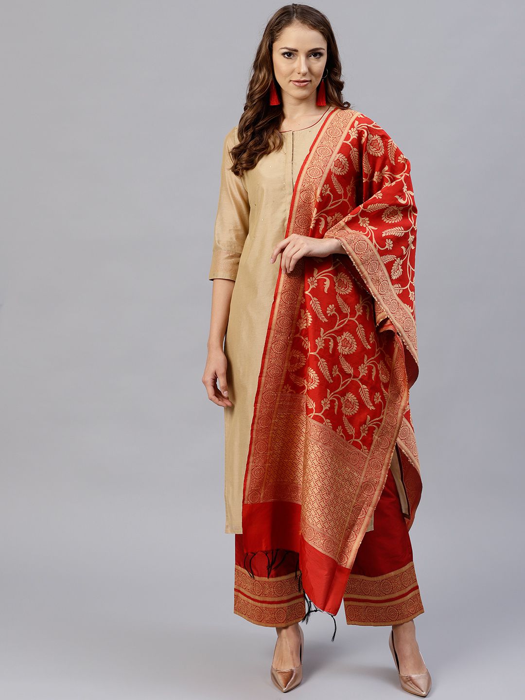 Beige And Red Solid Straight Chanderi Kurta With Palazzo And Dupatta