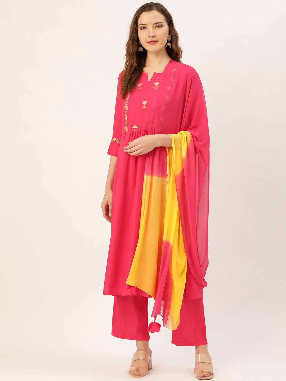 Pink Embroidered Straight Kurta With Palazzo & Dupatta