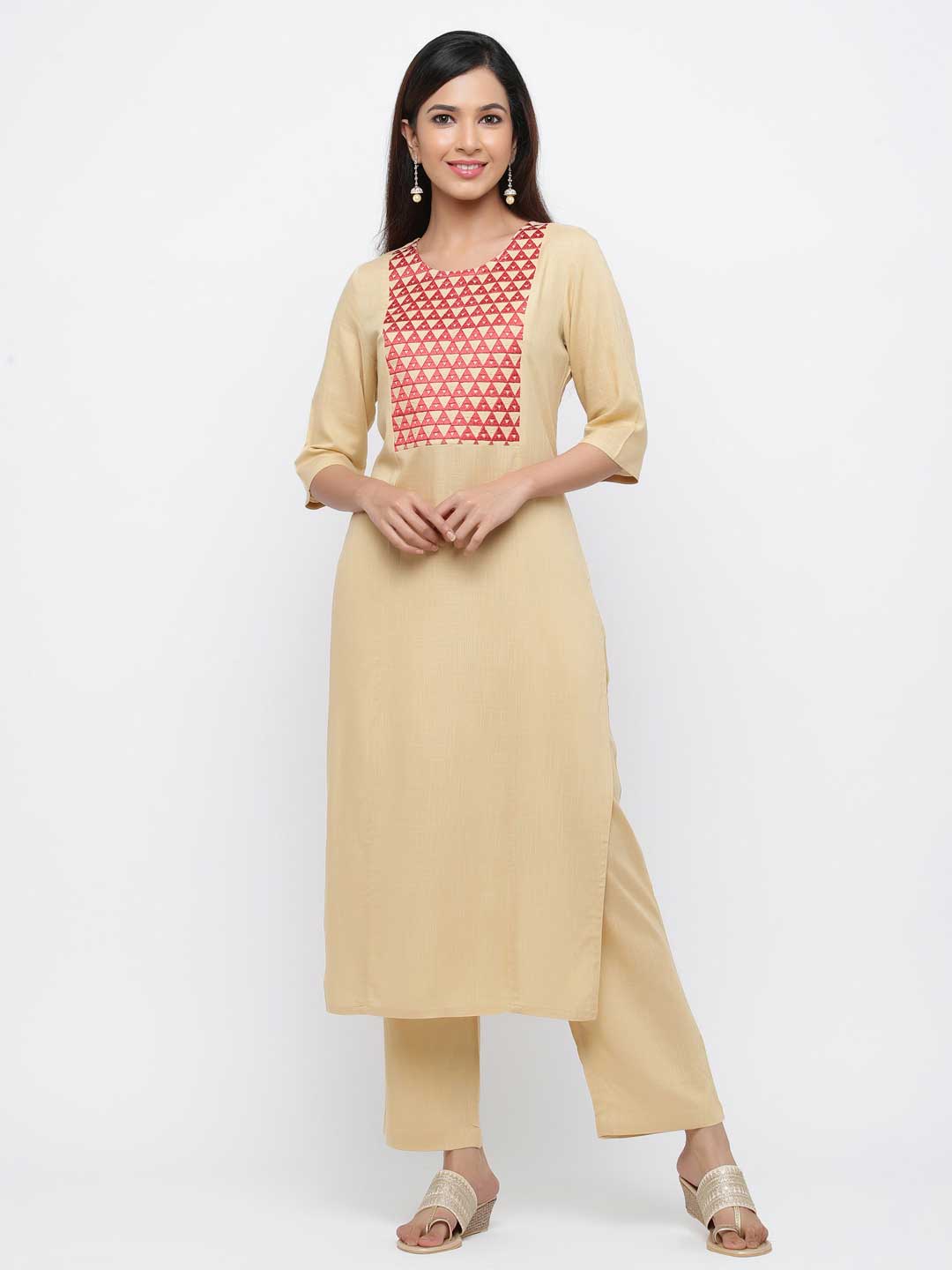 Beige Solid Straight Blended Kurta With Palazzo