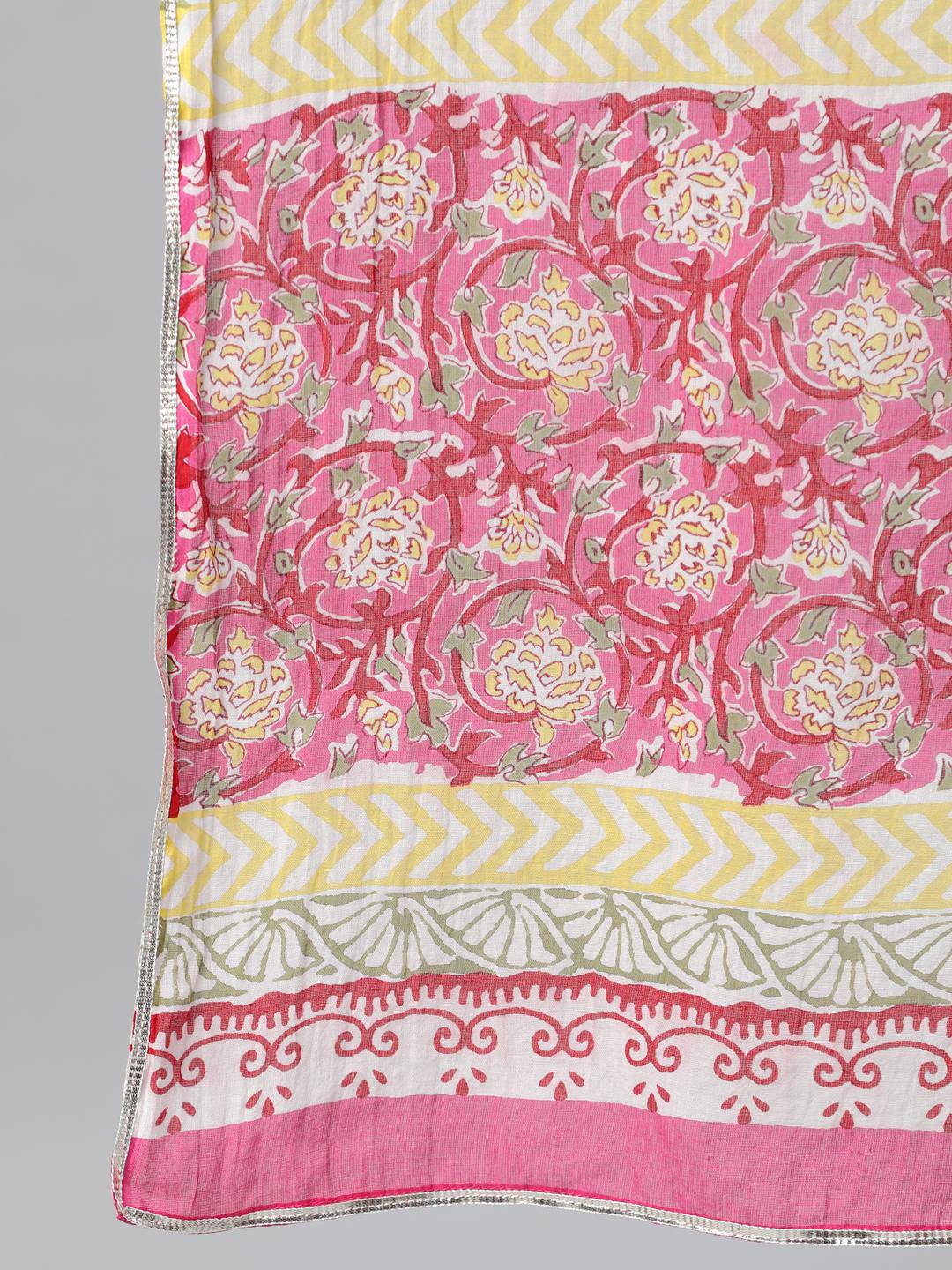 Pink Ethnic Print Straight Cotton Kurta With Palazzos & Dupatta