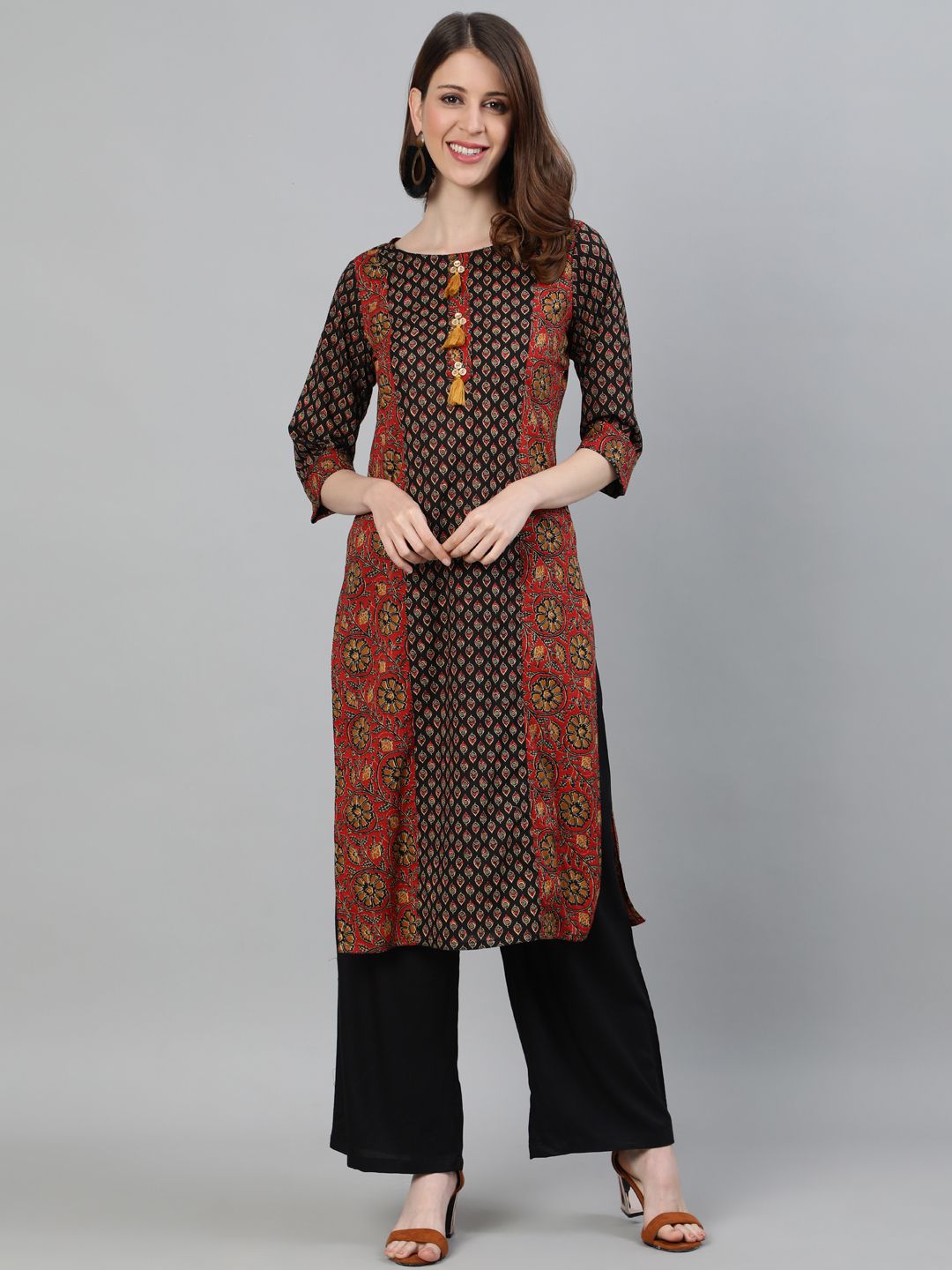 Rust Ethnic Print Straight Cotton Kurta With Palazzo