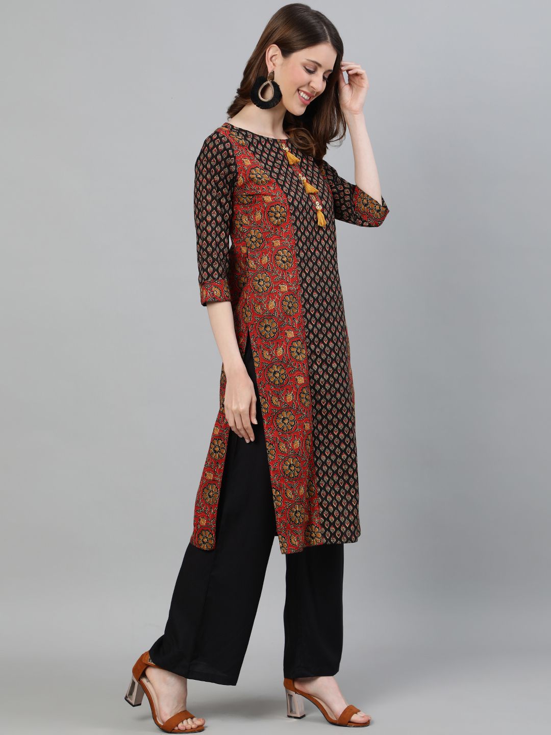 Rust Ethnic Print Straight Cotton Kurta With Palazzo
