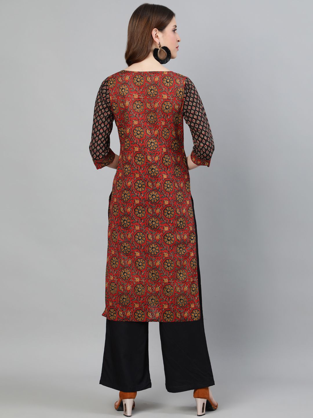Rust Ethnic Print Straight Cotton Kurta With Palazzo