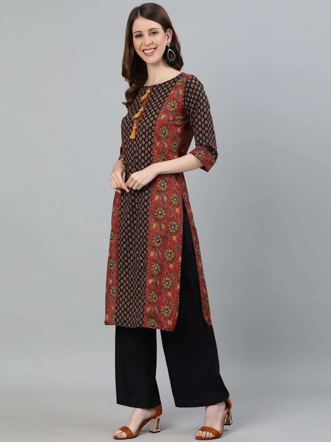Rust Ethnic Print Straight Cotton Kurta With Palazzo