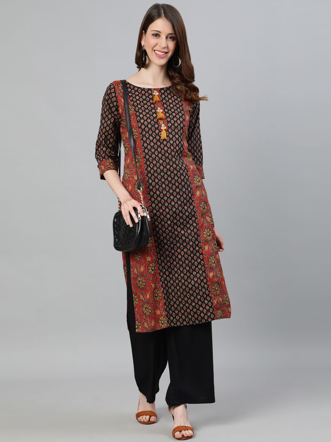 Rust Ethnic Print Straight Cotton Kurta With Palazzo
