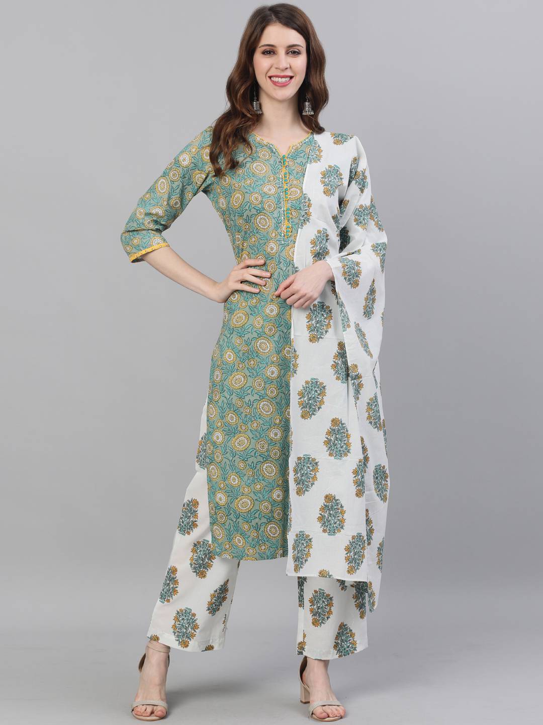 Green Ethnic Print Straight Cotton Kurta With Palazzo And Dupatta