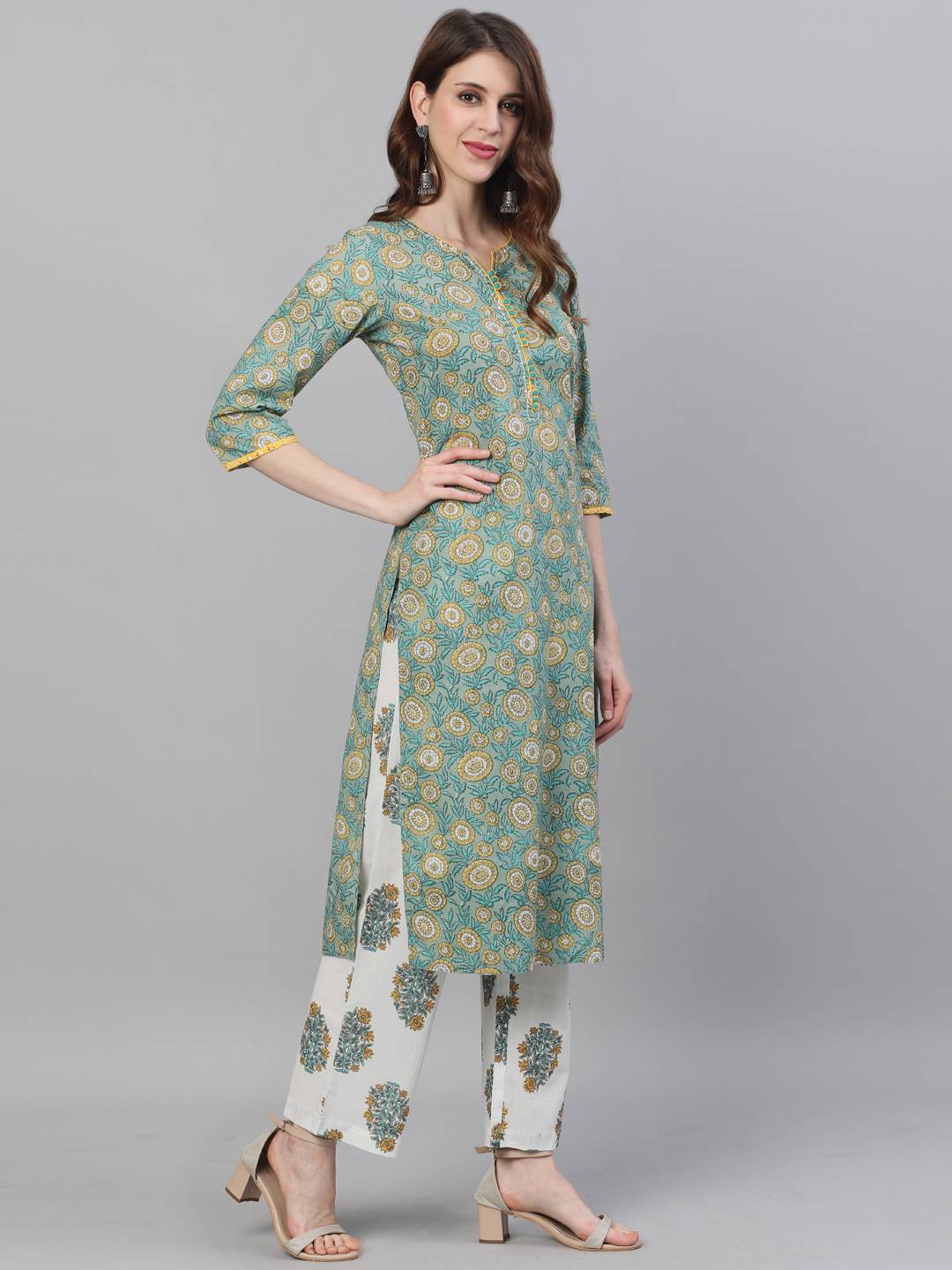 Green Ethnic Print Straight Cotton Kurta With Palazzo And Dupatta