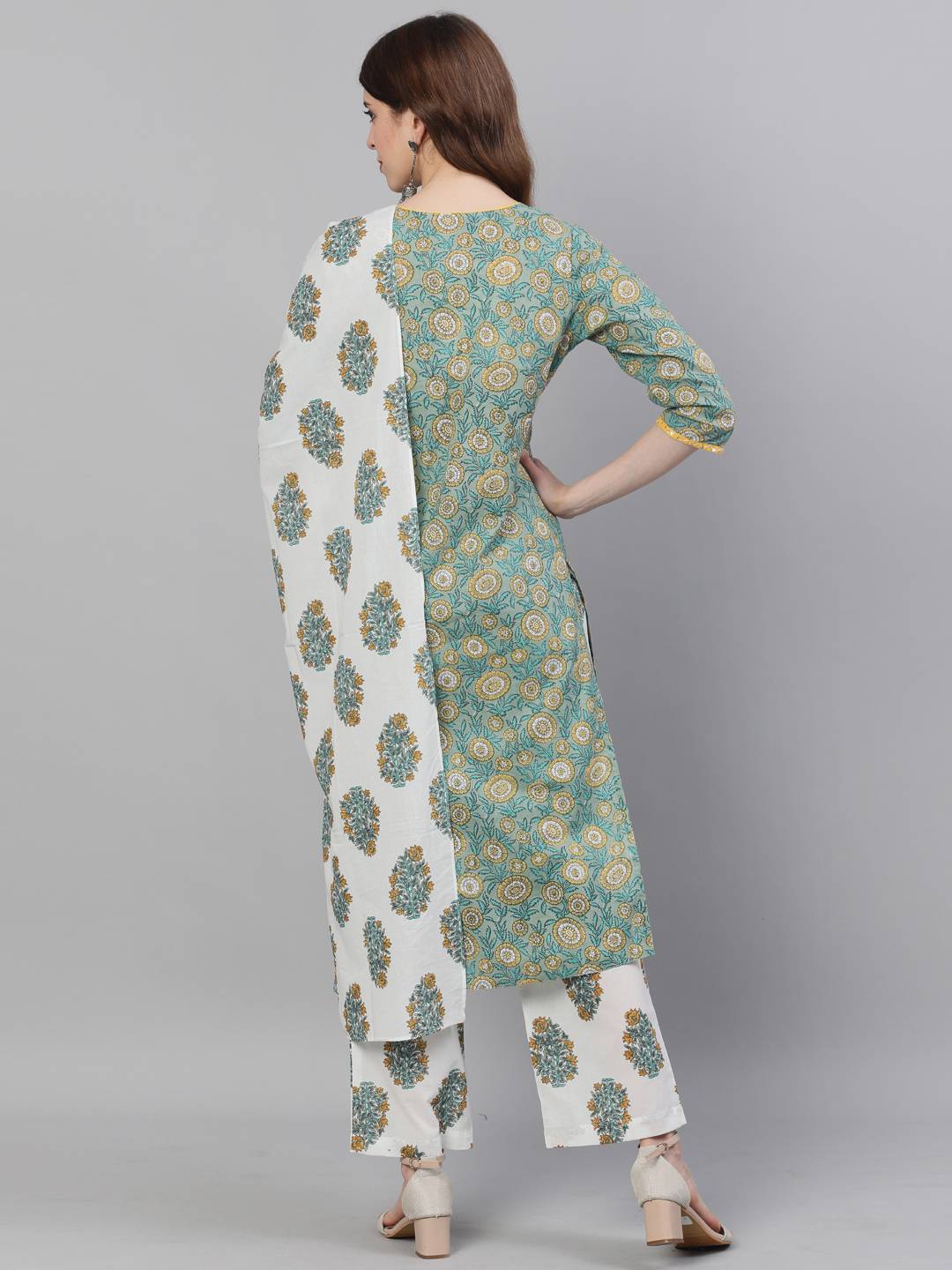 Green Ethnic Print Straight Cotton Kurta With Palazzo And Dupatta