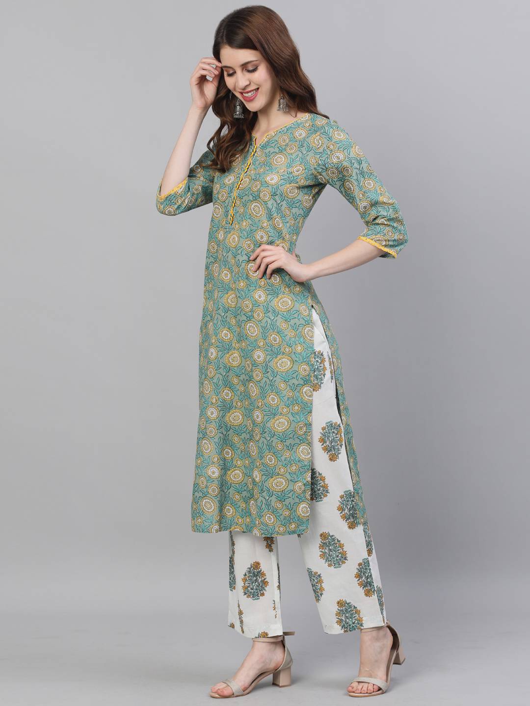 Green Ethnic Print Straight Cotton Kurta With Palazzo And Dupatta