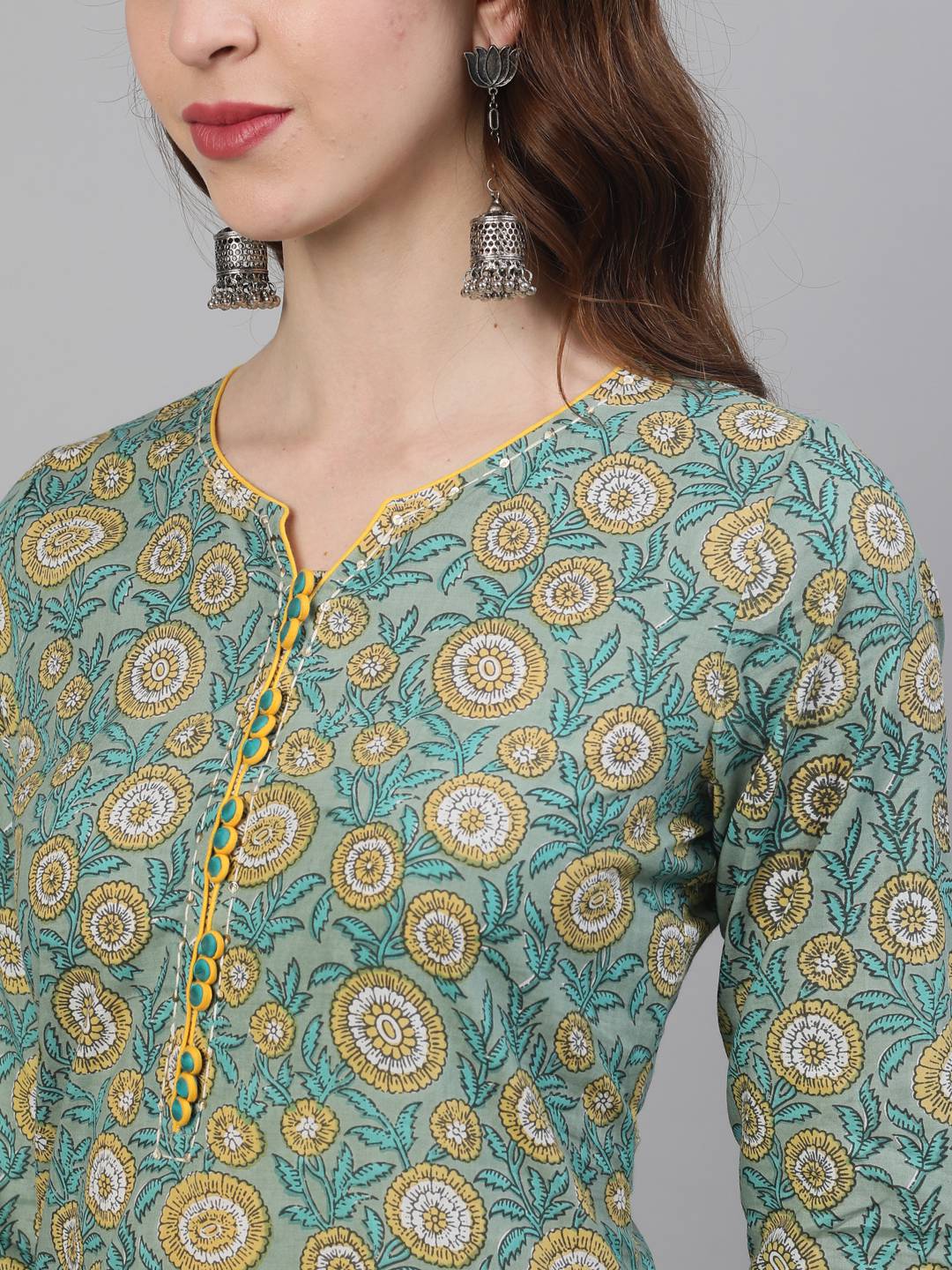 Green Ethnic Print Straight Cotton Kurta With Palazzo And Dupatta