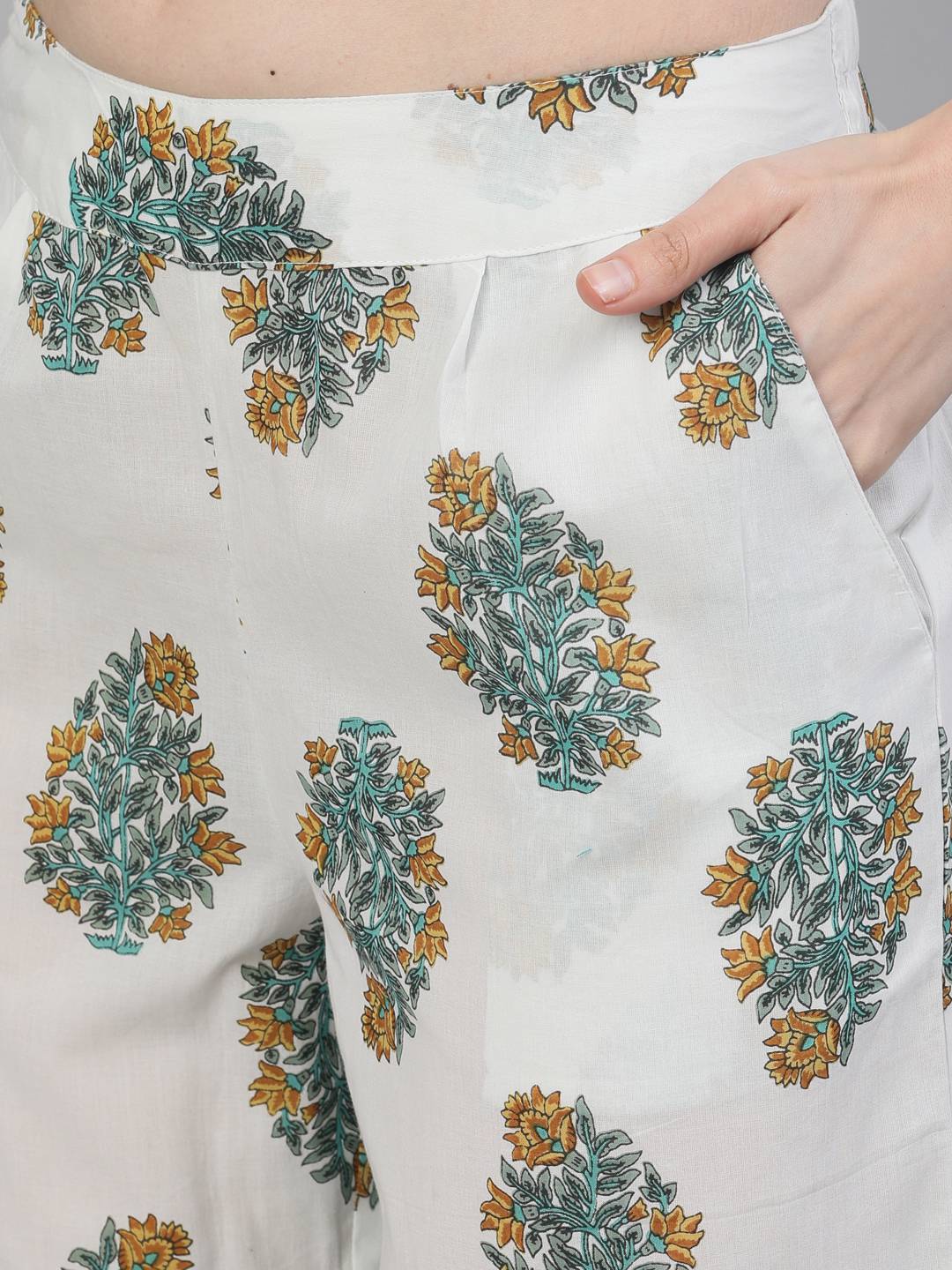 Green Ethnic Print Straight Cotton Kurta With Palazzo And Dupatta