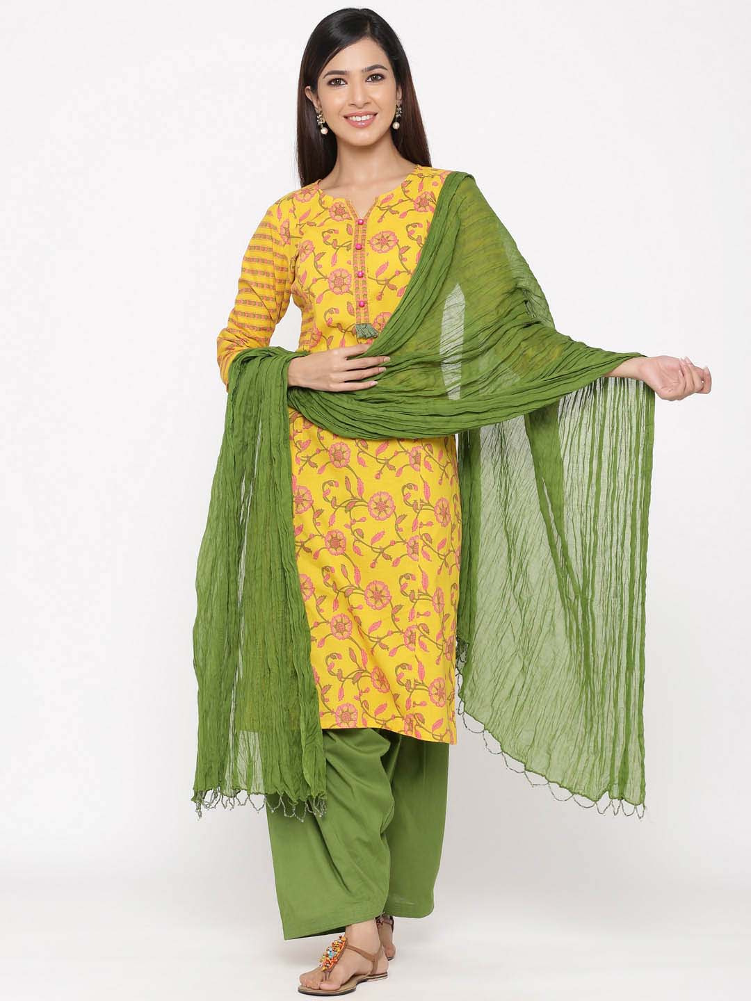 Yellow Floral Straight Cotton Kurta With Salwar And Dupatta