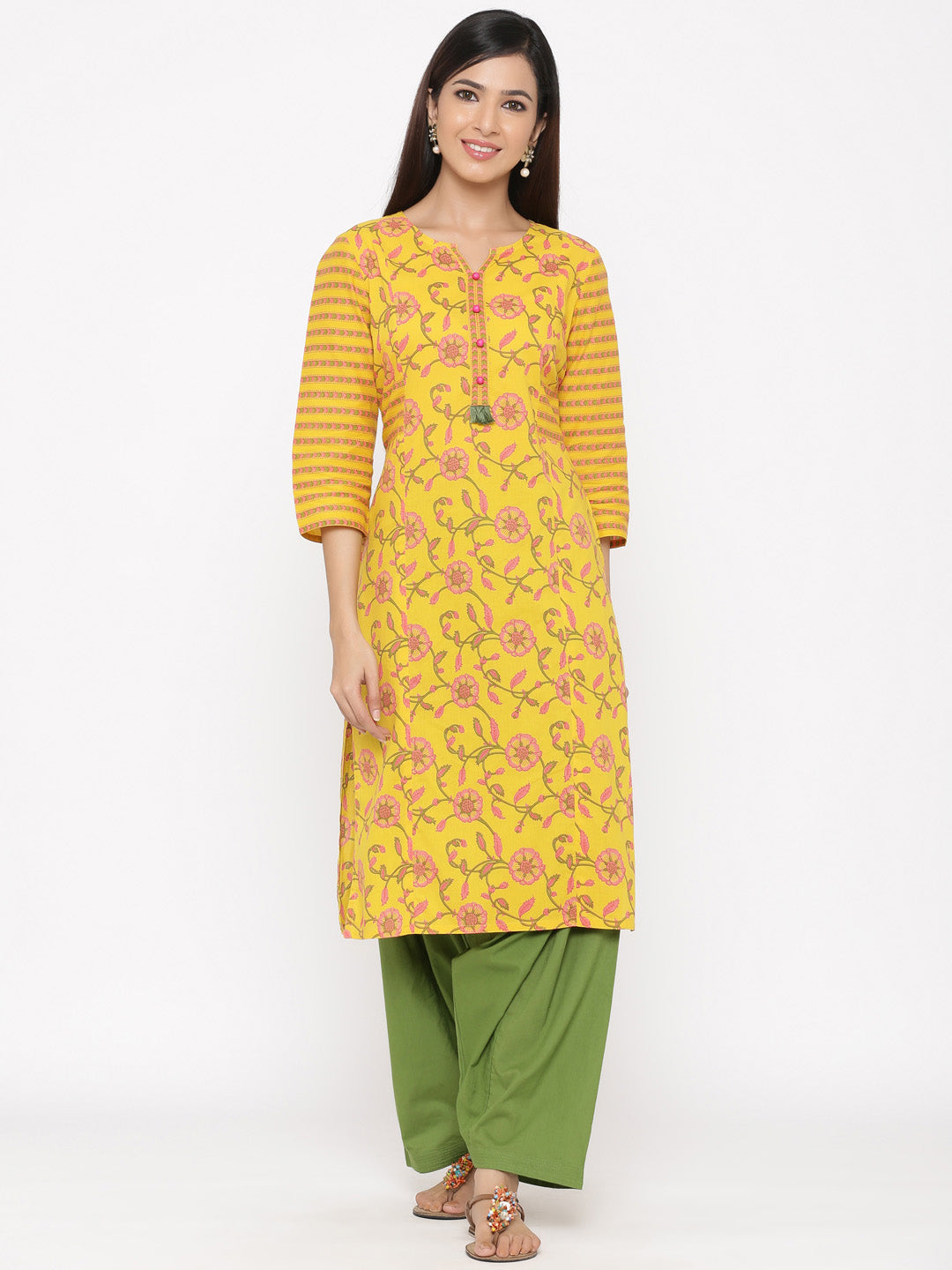 Yellow Floral Straight Cotton Kurta With Salwar And Dupatta