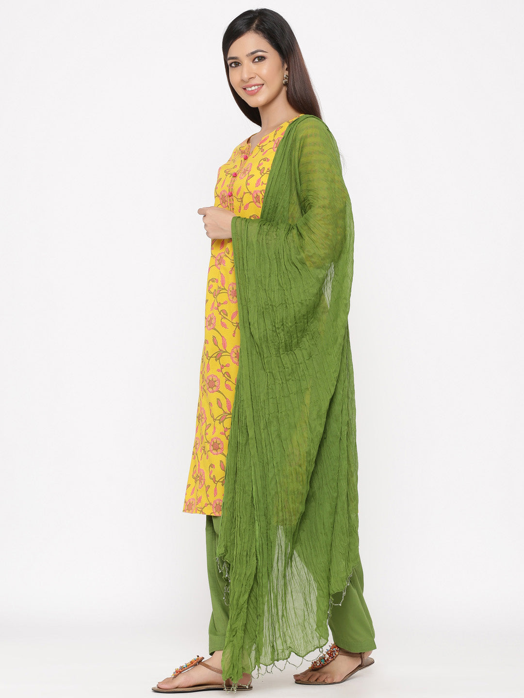 Yellow Floral Straight Cotton Kurta With Salwar And Dupatta