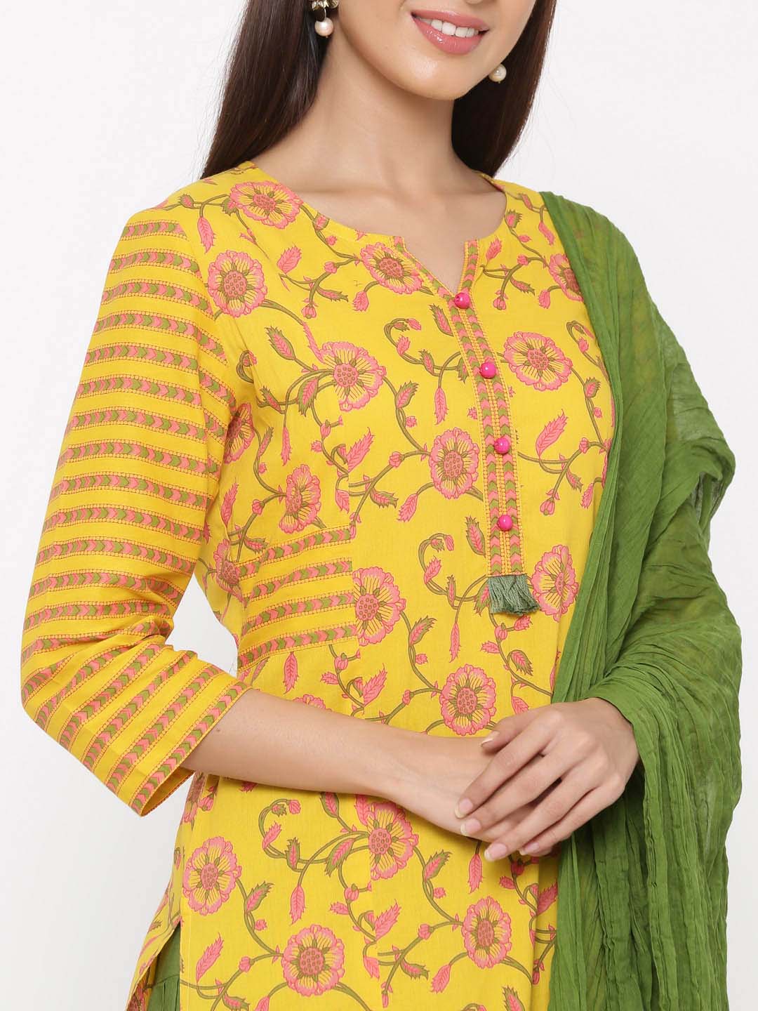 Yellow Floral Straight Cotton Kurta With Salwar And Dupatta