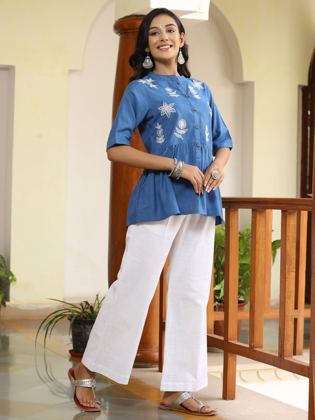 Embroidered Blue Poly Silk Flared Top